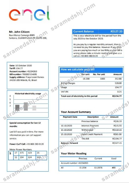 Brazil ENEL electricity utility bill template in Word and PDF format